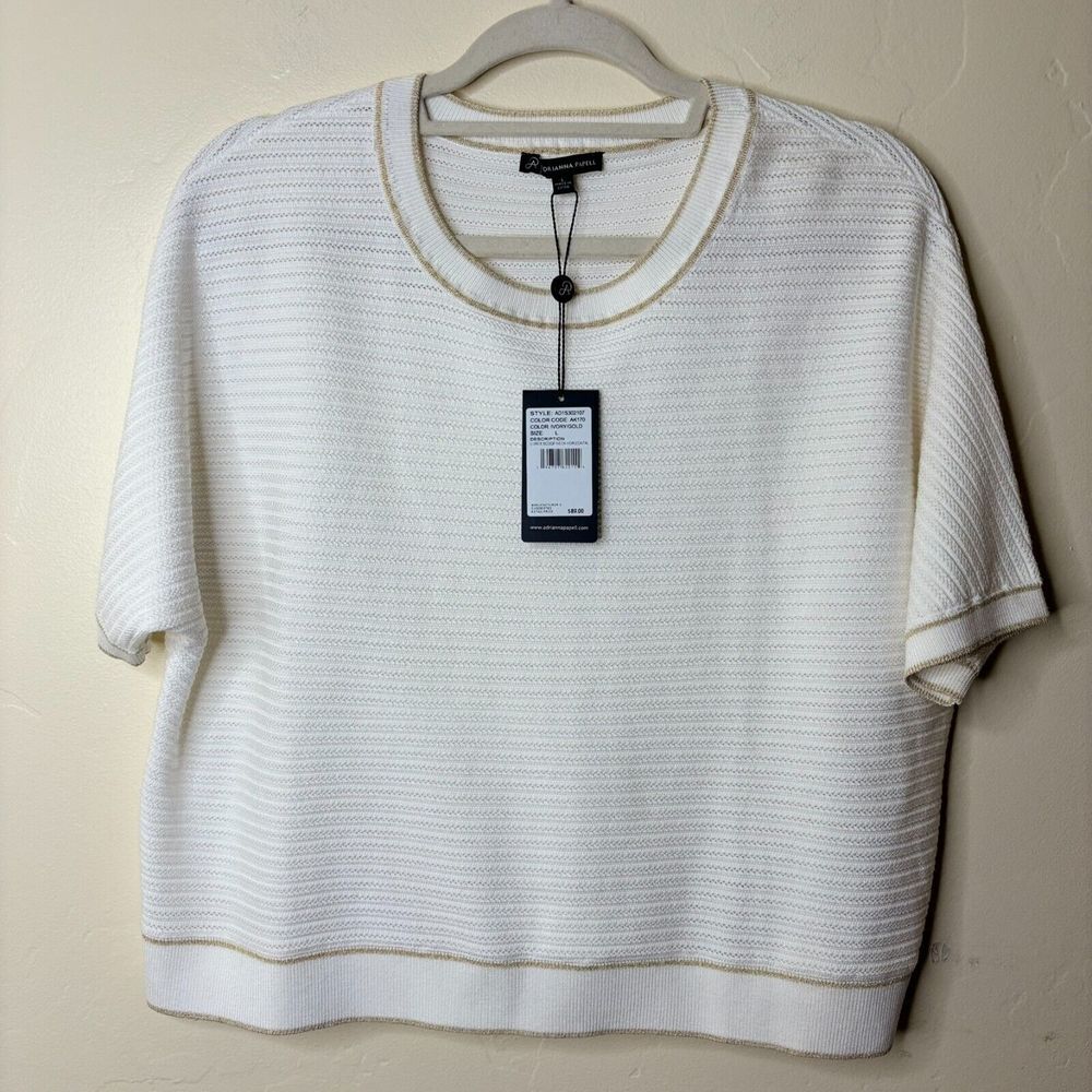 Adrianna Papell Sweater Sz L Ivory & Gold Lurex Horizontal Knit Cropped Boxy NWT